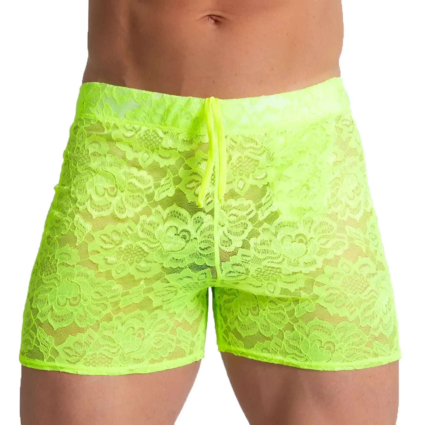 Gigo Paradise yellow hotshort neon green floral lace menâ€™s shorts with drawstring waistband for casual wear