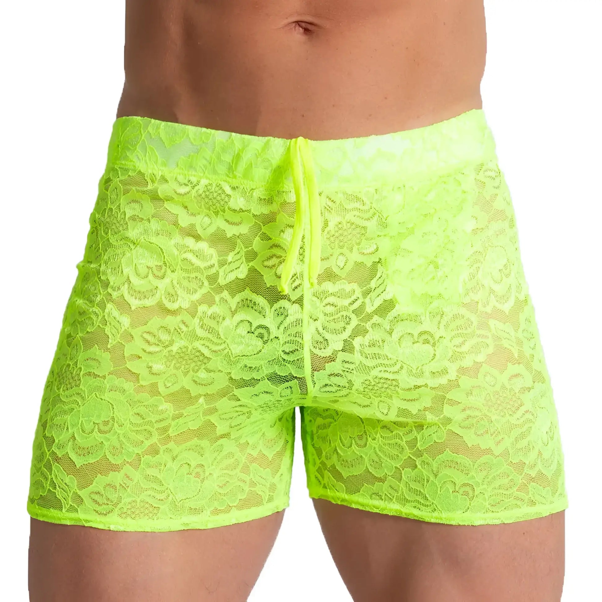 Gigo Paradise yellow hotshort neon green floral lace menâ€™s shorts with drawstring waistband for casual wear