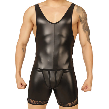 Gigo passione black body shiny latex wrestling singlet with lace trim at the hem