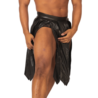 Gigo Passione black faux leather wrap-around shorts with high waist glossy finish and side slits visible on front side