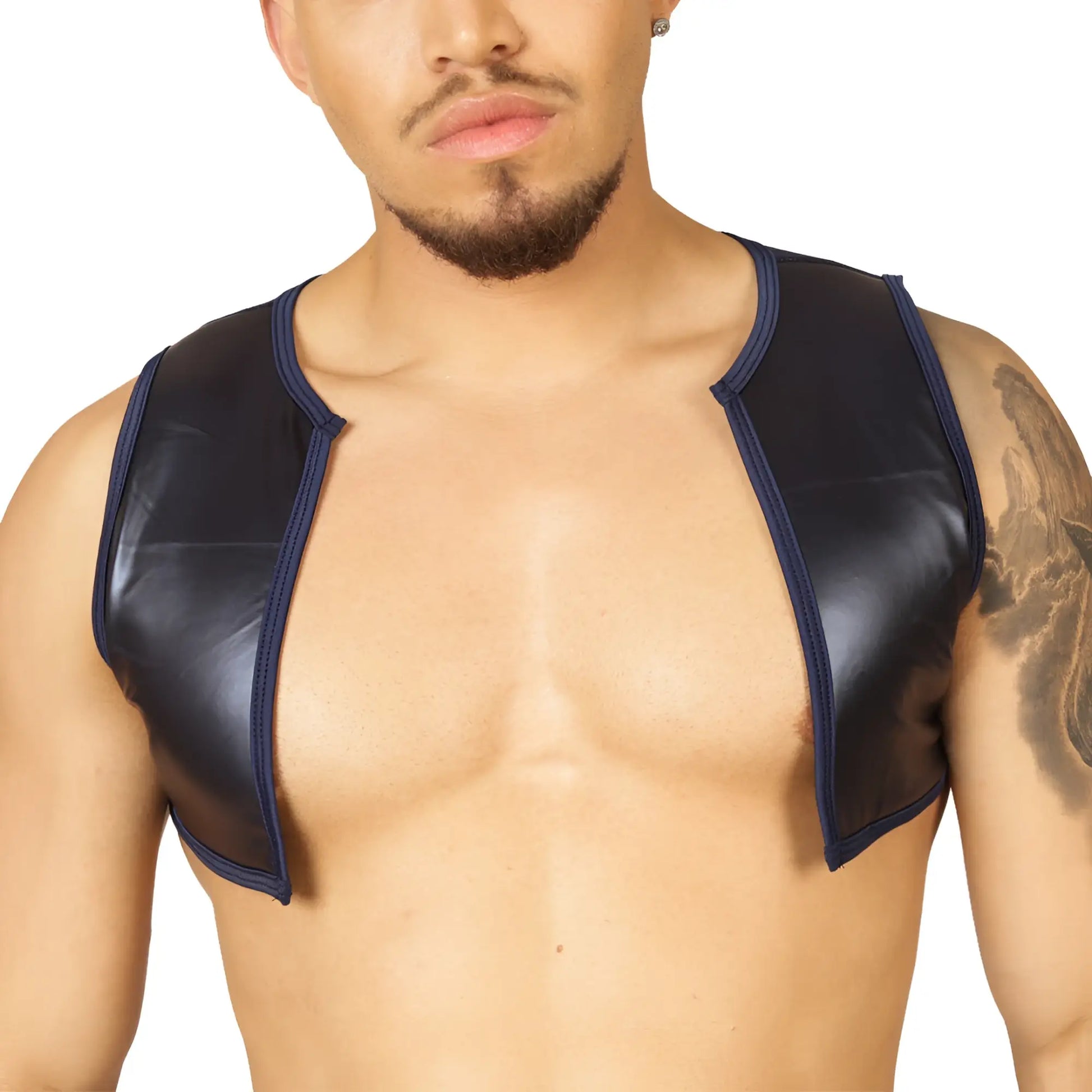 Gigo Passione black vest harness in black patent leather with navy blue trim and sleek design