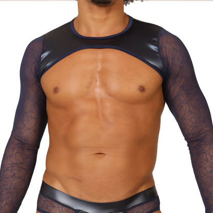 Black latex top with sheer patterned long sleeves and glossy finish in gigo passione blue harness style