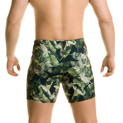 Menâ€™s gigo plantation beachwear tropical leaf-patterned swim trunks in dark and light green with snug fit and seams