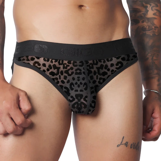 Sheer, charcoal grey leopard-print plush brief with a wide, black elastic waistband featuring the GIGO logo.