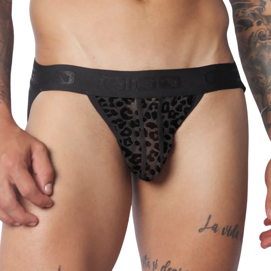 Black jockstrap with a sheer leopard-print mesh pouch and a branded elastic waistband.