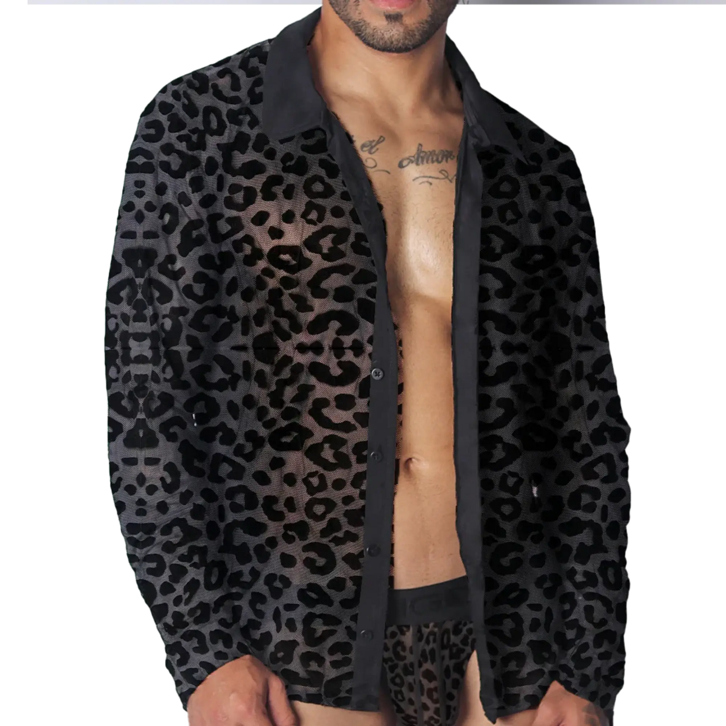 Black sheer leopard print button-down shirt with a classic collar and long sleeves.
