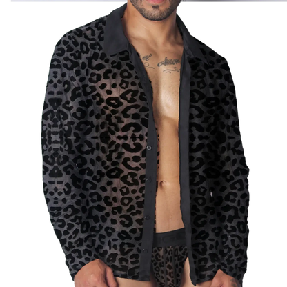 Black sheer leopard print button-down shirt with a classic collar and long sleeves.