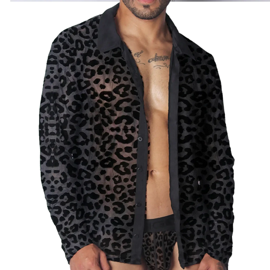 Black sheer leopard print button-down shirt with a classic collar and long sleeves.