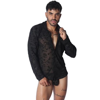 Black long-sleeve button-up shirt in a sheer, floral-patterned fabric with a classic collar.