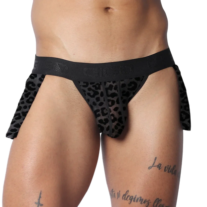 Black sheer leopard print Gigo plush skirt with a branded elastic waistband and side panels.