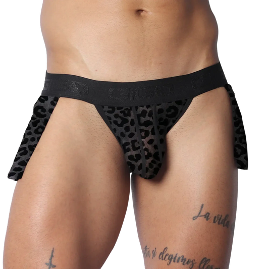 Black sheer leopard print Gigo plush skirt with a branded elastic waistband and side panels.