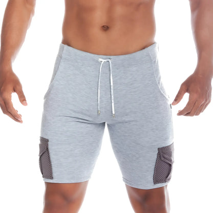 Gray heathered gigo pocket athletic shorts with mesh side pockets and white drawstring for active wear