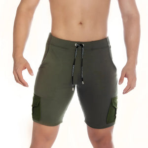 Olive green gigo pocket shorts with mesh side pockets and branded drawstring for athletic use