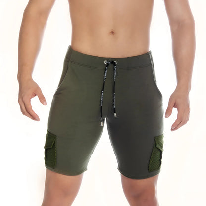 Olive green gigo pocket shorts with mesh side pockets and branded drawstring for athletic use