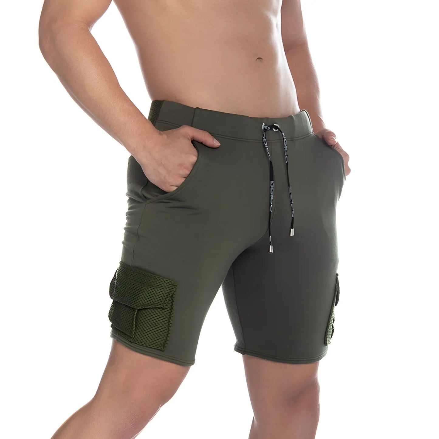 Olive green gigo pocket cargo shorts with mesh side pockets and drawstring waistband for casual wear