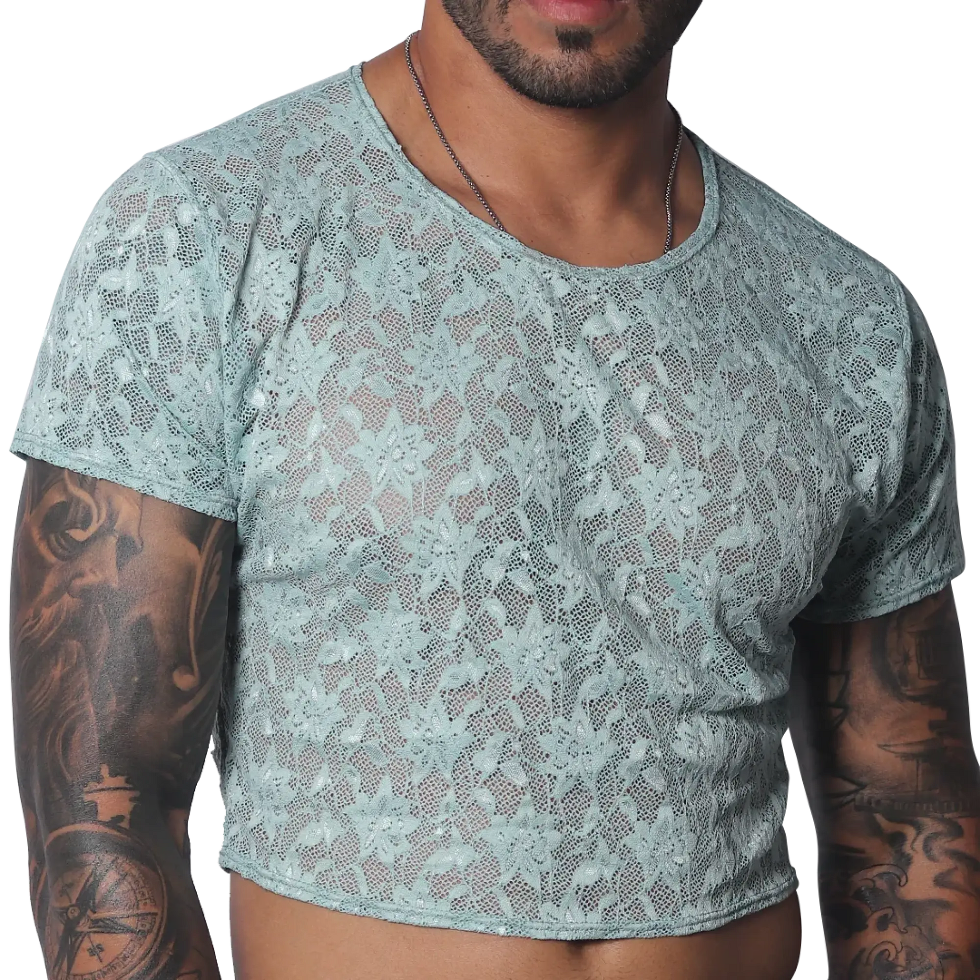 Aqua blue sheer lace crop top with a crew neck and short sleeves.