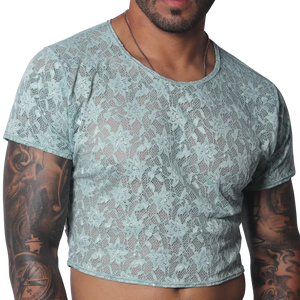 Aqua blue sheer lace crop top with a crew neck and short sleeves.
