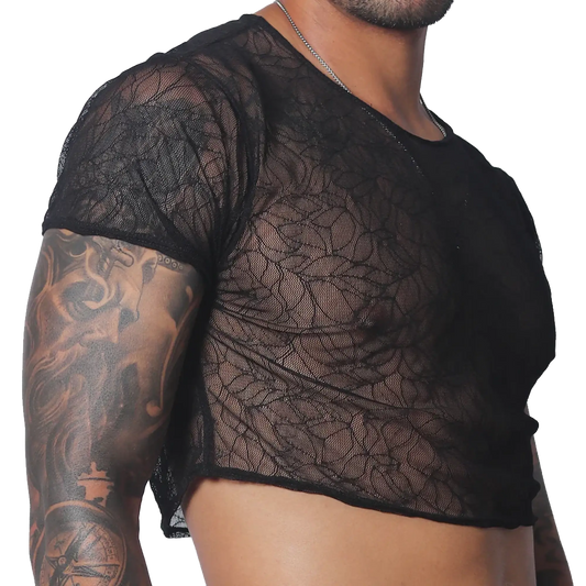 Black cropped T-shirt in sheer, patterned mesh fabric with a round neckline and short sleeves.