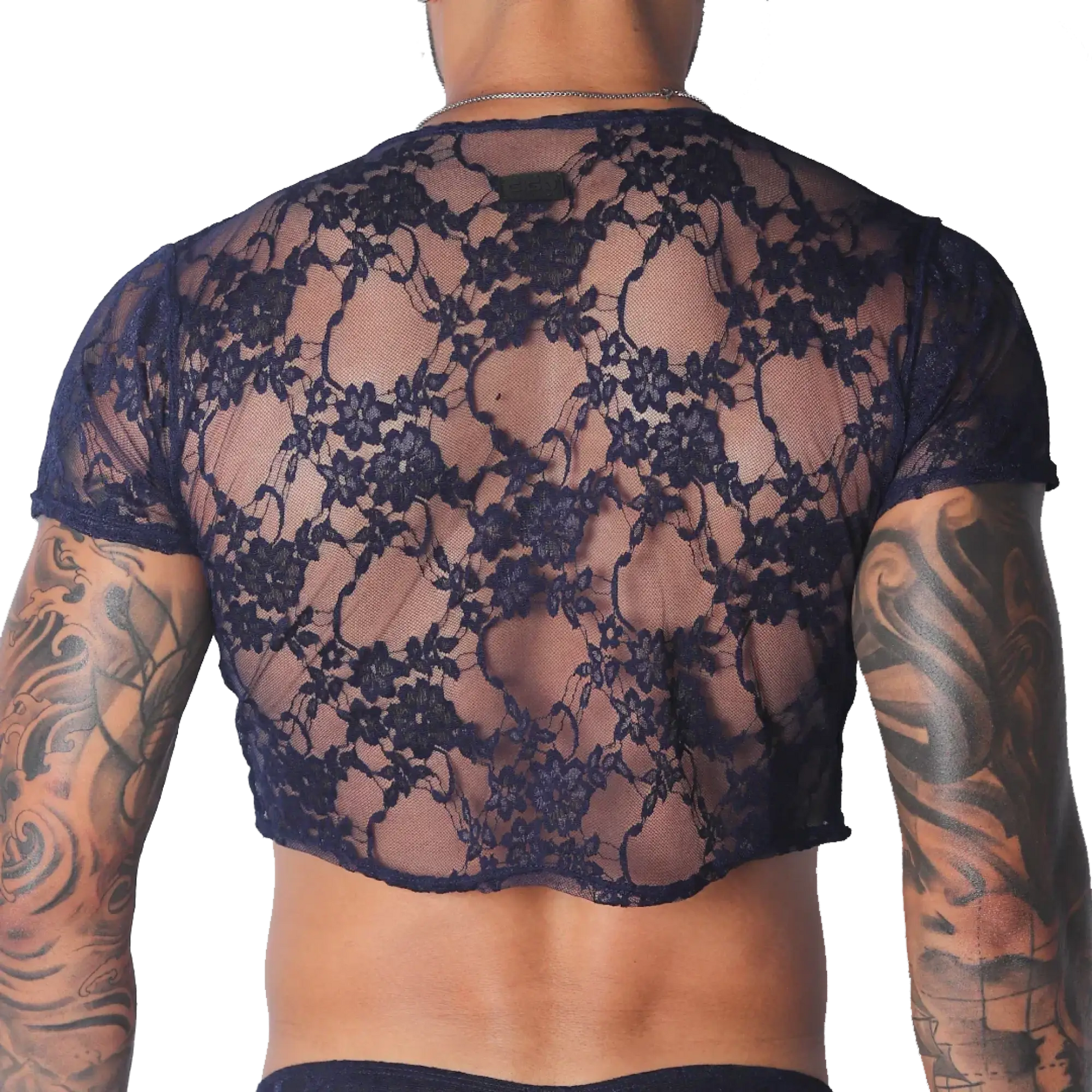 Sheer navy blue lace short-sleeve crop top featuring a floral pattern and a branded label at the neckline.