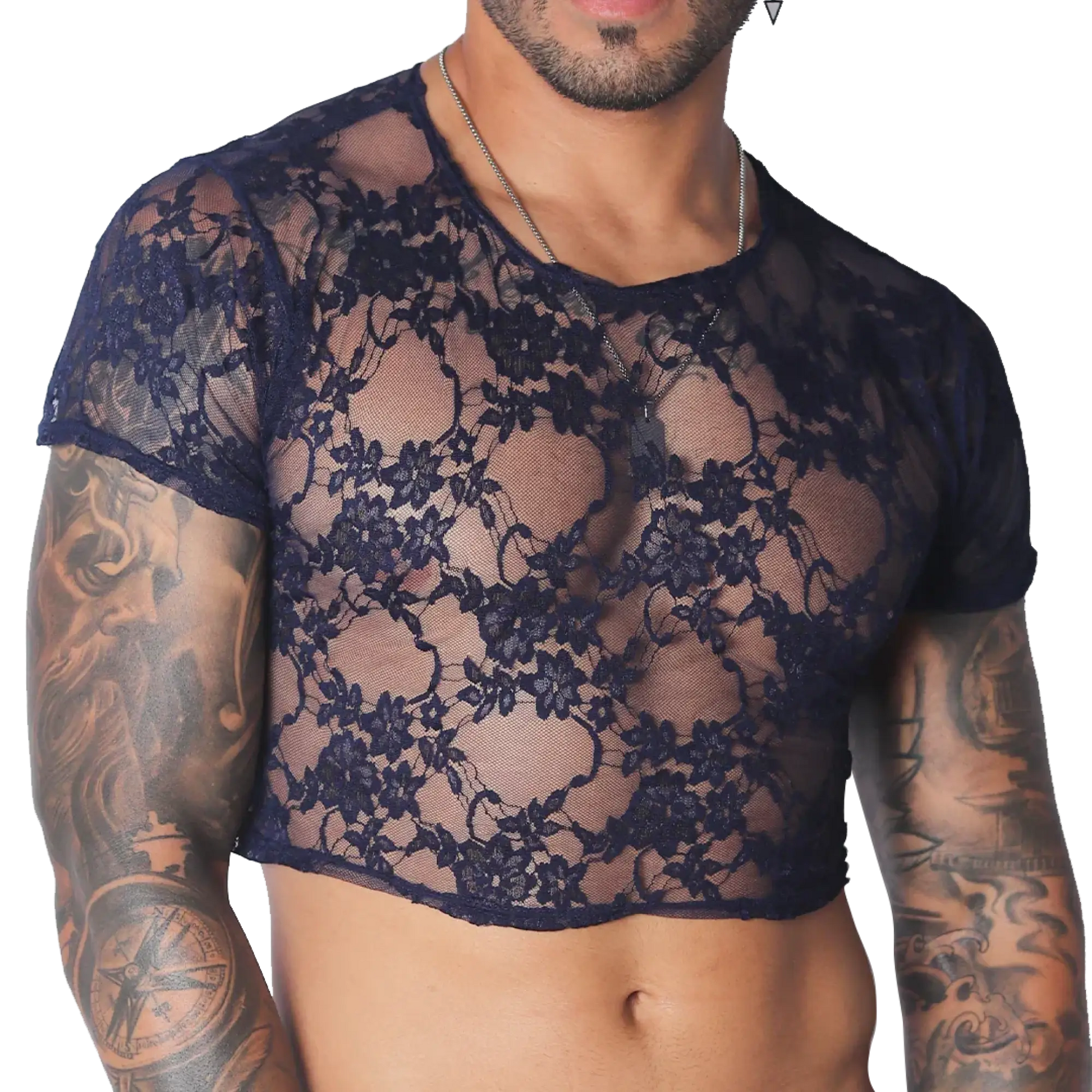 Sheer dark blue floral lace men's crop top with short sleeves and a crew neck.