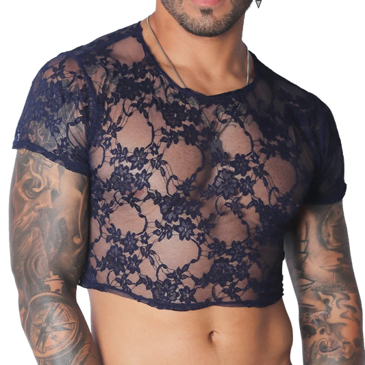 Sheer dark blue floral lace men's crop top with short sleeves and a crew neck.