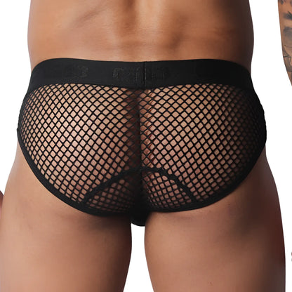 Black fishnet briefs with a branded elastic waistband and back-seam detail.