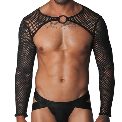 Black fishnet long-sleeve harness with a central metallic O-ring collar and matching black athletic jockstrap.