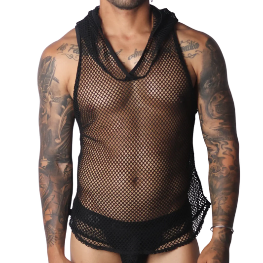 Black sleeveless fishnet hooded tank top featuring a wide neckline and athletic mesh design.