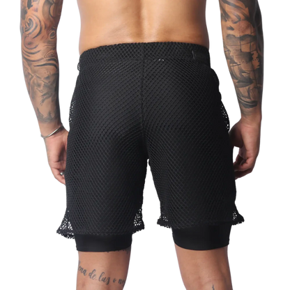 Black athletic shorts featuring a layered design with a loose, wide-gauge mesh outer layer over solid fitted liners.