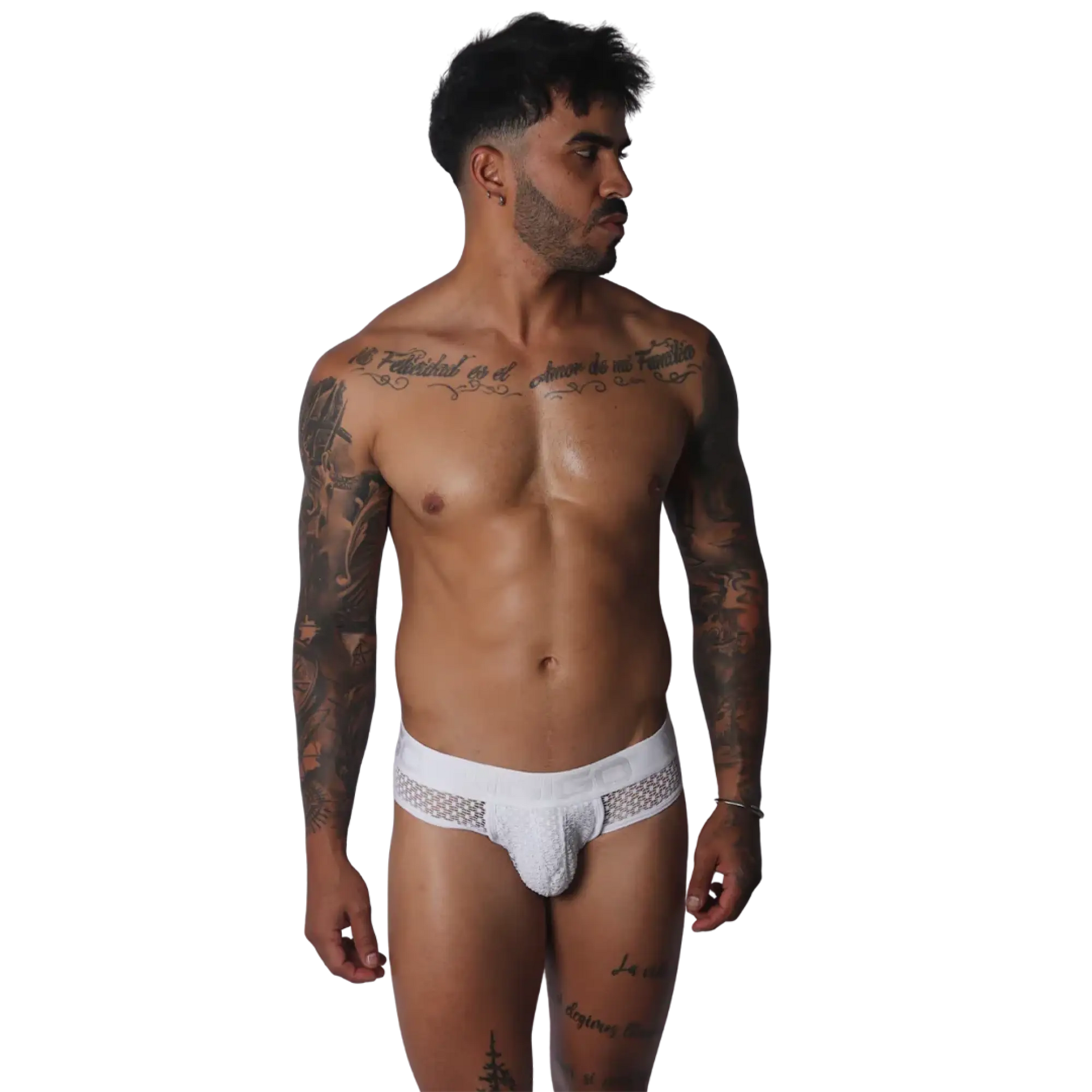 White low-rise brief with side mesh panels and a textured pouch, featuring an elastic waistband with Gigo branding.