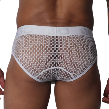 White mesh brief with a geometric pattern, featuring a wide elastic waistband with GIGO logo lettering.