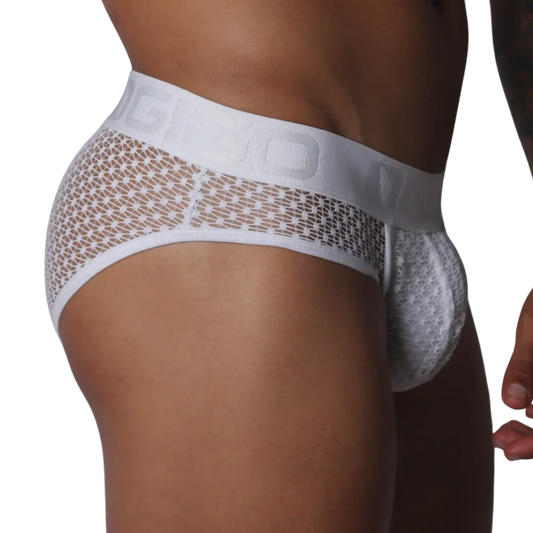 White mesh brief with a wide, branded elastic waistband and contoured pouch, featuring a decorative geometric pattern.