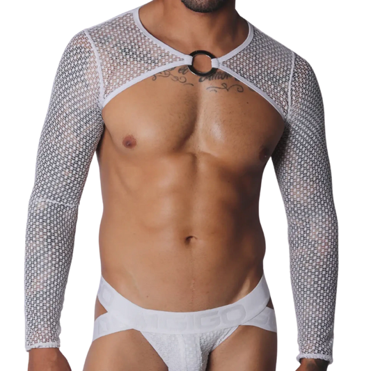 White mesh long-sleeve harness with a central silver O-ring connector and cutout chest design.