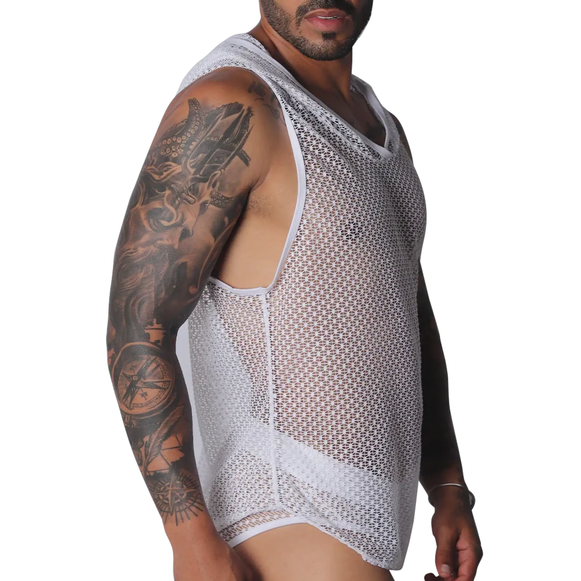 White sleeveless hoody shirt in sheer, open-knit geometric mesh fabric with deep armholes.