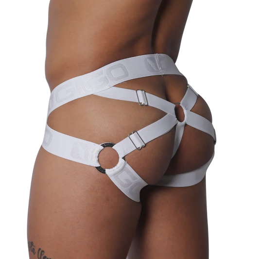 White elastic jockstrap featuring a strappy cage design with metal rings, adjustable buckles, and logo-embossed bands.