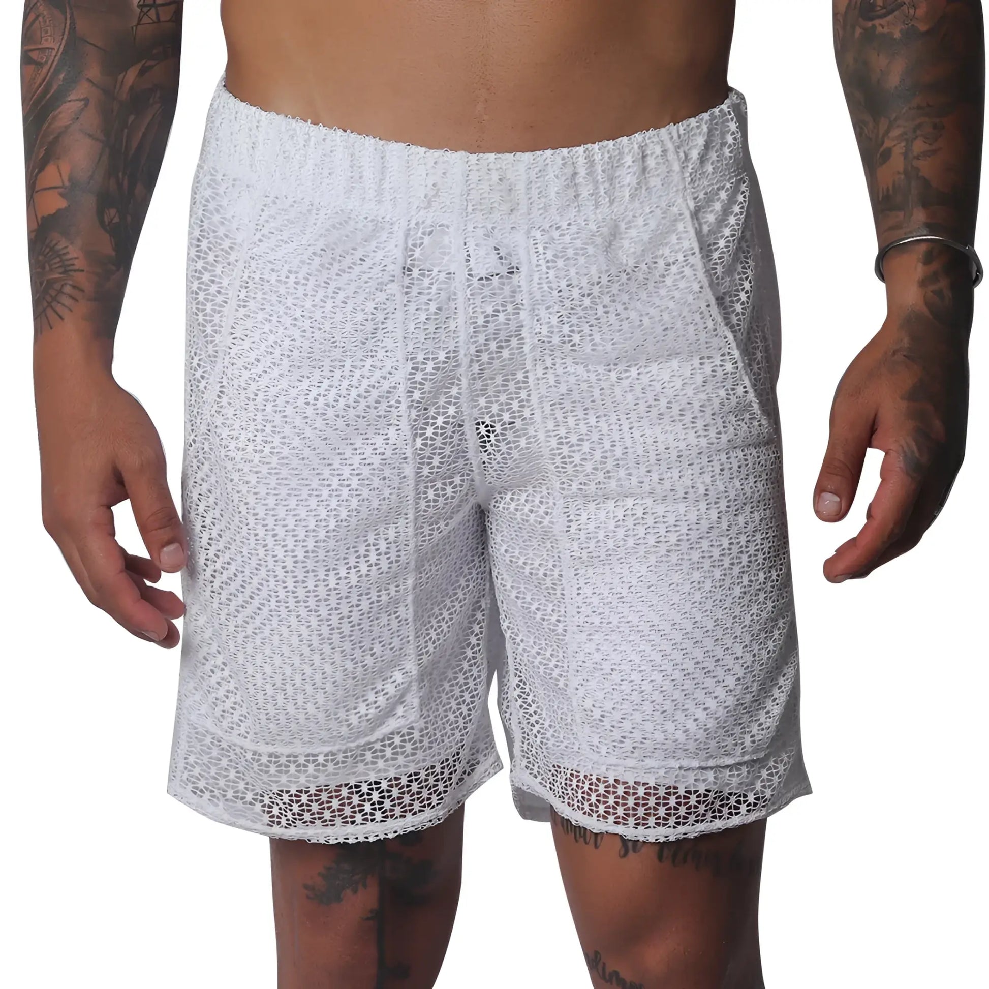 White short athletic-style shorts in a semi-sheer, open-weave mesh fabric with an elastic waistband and side pockets.
