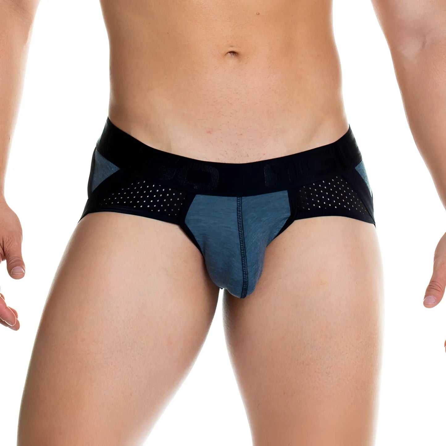 Gigo Prudence black brief jockstrap with black and heathered blue perforated mesh panels on sides