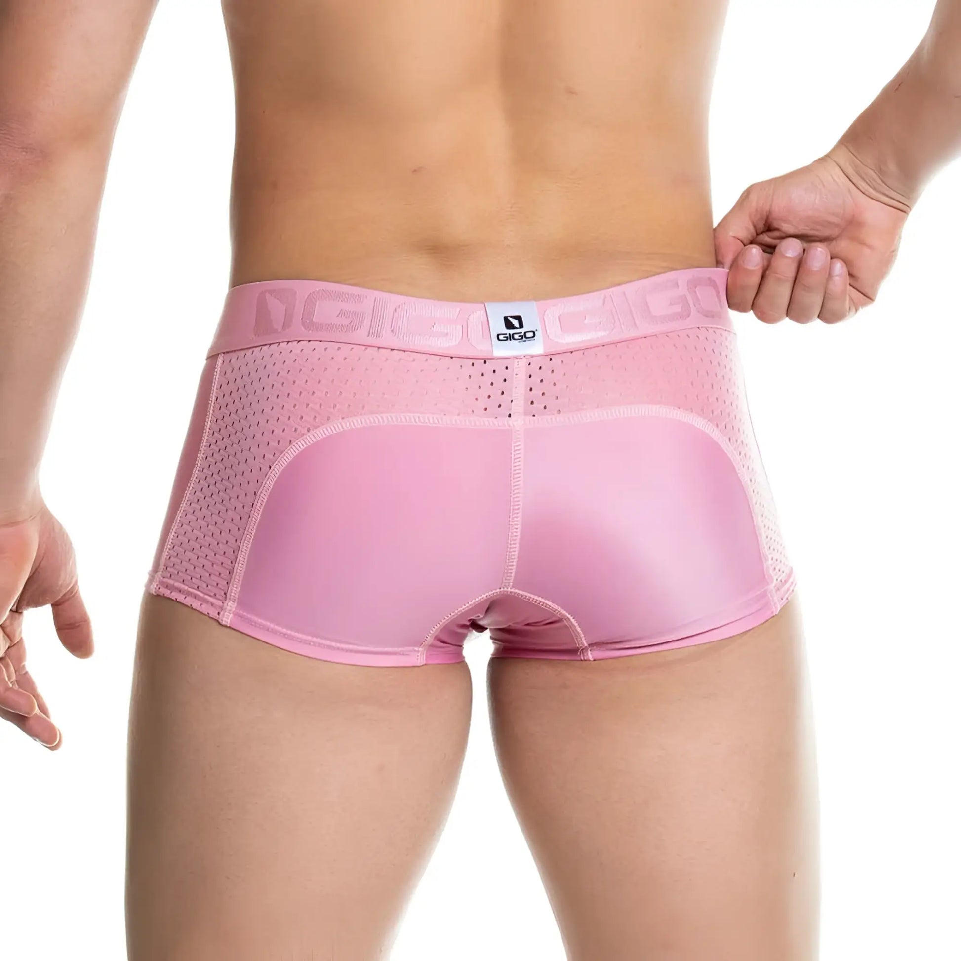 Pink gigi brand menâ€™s briefs with a mesh back and solid nude front panel gigo prudence nude trunk