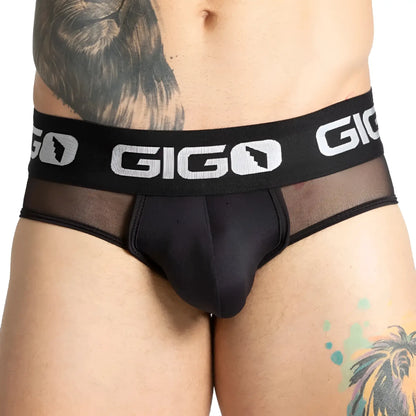 Black gigo brand briefs with mesh front panel and white logo branding on the waistband in purity black design