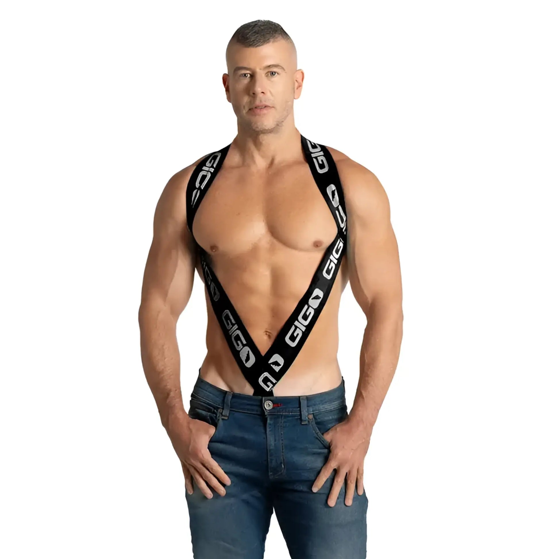 Black gigo purity harness suspenders with white logo branding showcasing durable adjustable straps