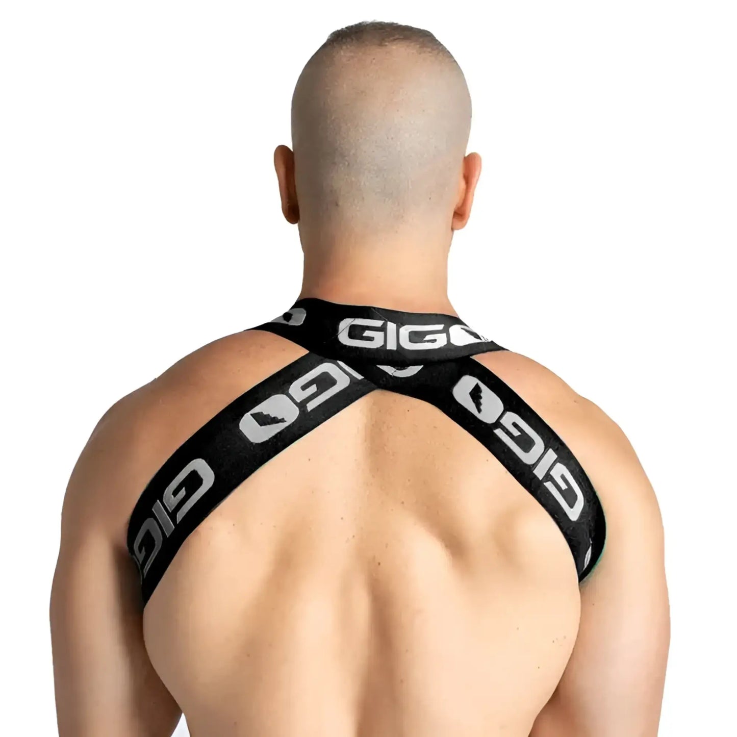 Black gigi brand cross-back harness with white logo branding shown from the back in gigo purity black harness design