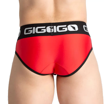 Red giggigo menâ€™s briefs with black trim and waistband in breathable fabric for comfortable everyday wear
