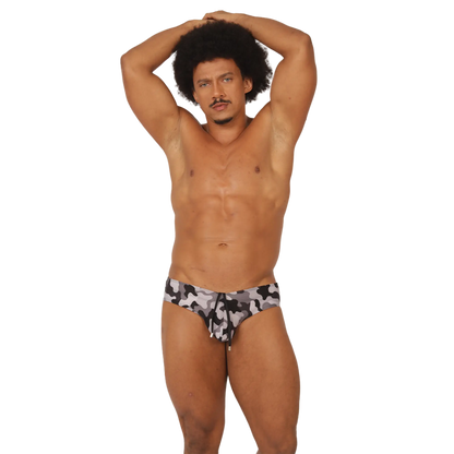 Gigo rank camouflaged swim brief in black and gray fabric with drawstring waistband for comfortable swimming