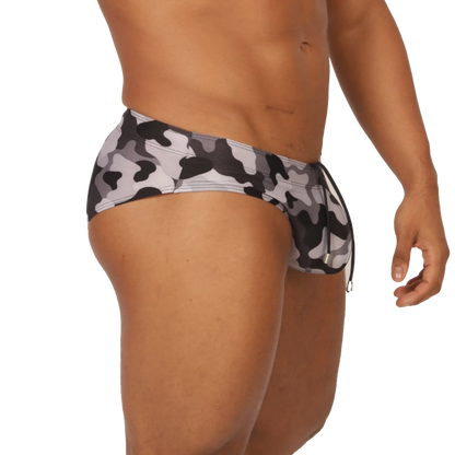 Gigo rank camouflaged swim brief in black and gray with a drawstring waistband for comfortable beachwear