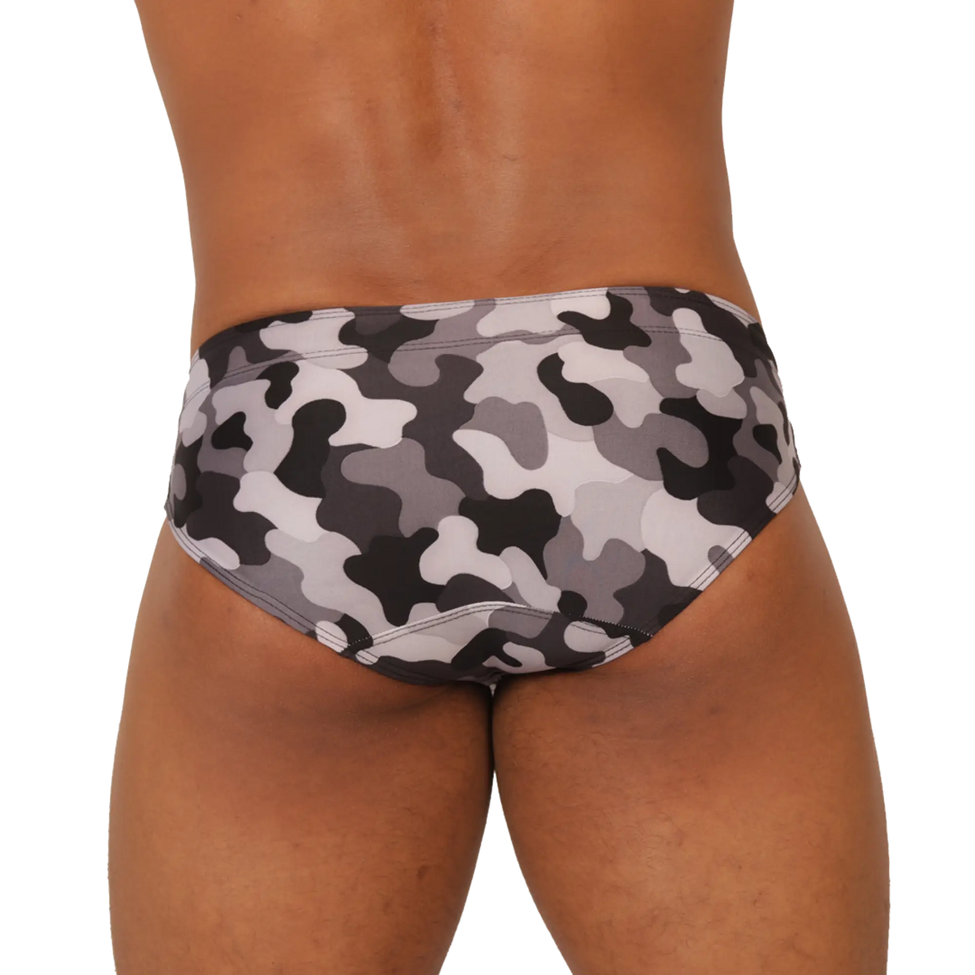 Gigo rank camouflaged swim brief in gray and black camouflage pattern made of quick-dry fabric for swimming