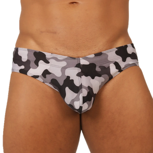 Gigo rank camouflaged swim brief featuring gray black and white camouflage pattern for swimming and beachwear
