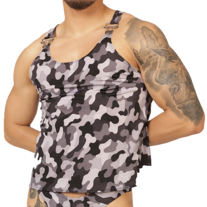 Gray and black camouflage tank top with adjustable shoulder straps and metallic buckles by Gigo Rank Camouflaged Tank