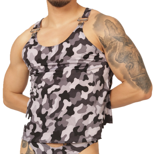 Gray and black camouflage tank top with adjustable shoulder straps and metallic buckles by Gigo Rank Camouflaged Tank