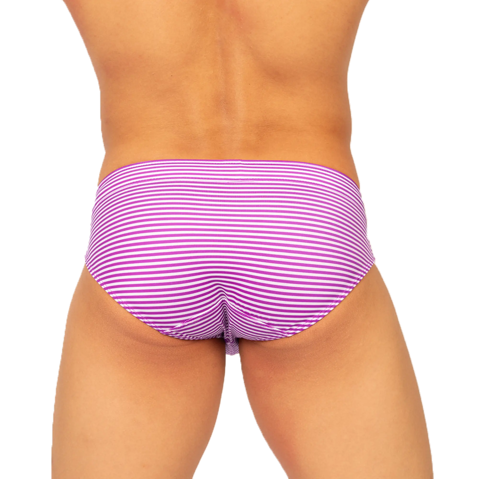Gigo rank purple swim brief featuring purple and white striped swim trunks designed for comfortable swimming use