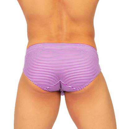 Gigo rank purple swim brief featuring purple and white striped swim trunks designed for comfortable swimming use